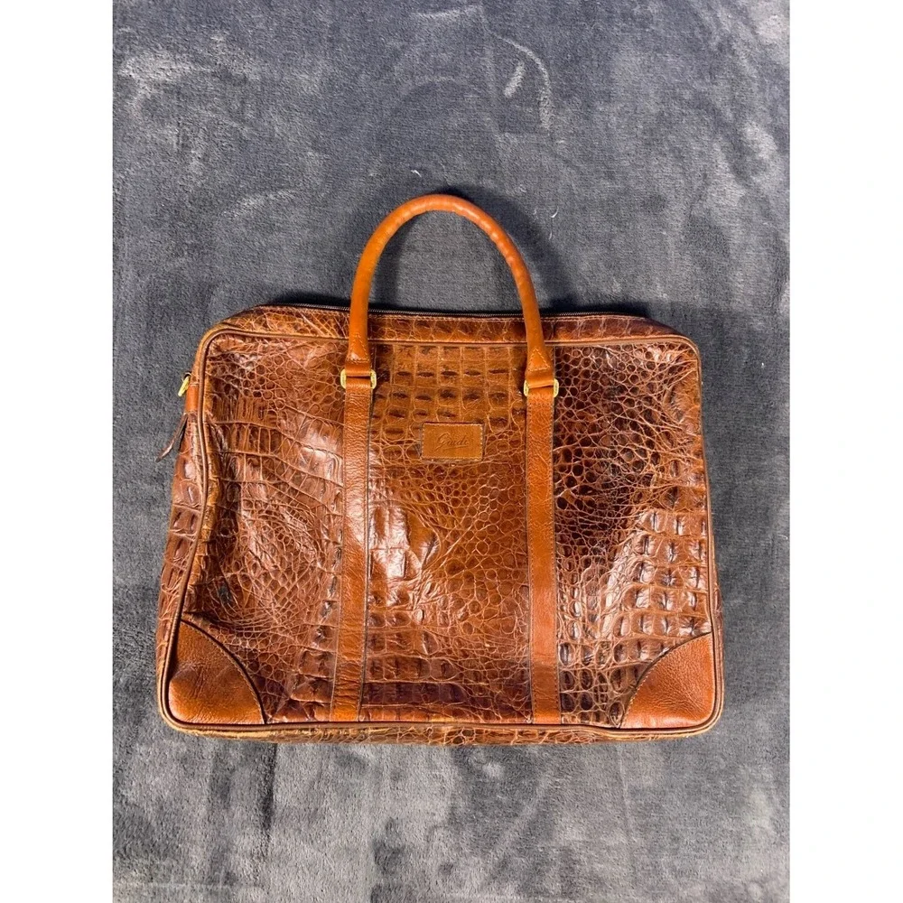 Giudi Italy Brown Crocodile Embossed Leather Briefcase Laptop Bag Large